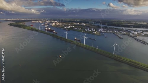 Aerial Drone View of Maeslantkering Storm Surge Barrier and Port of Rotterdam at Sunset, Netherlands