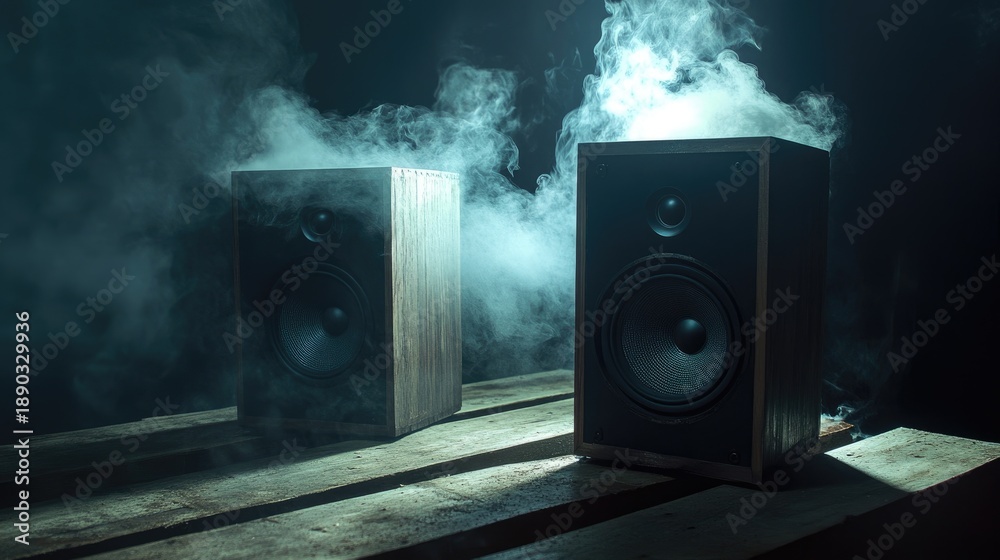 custom made wallpaper toronto digitalTwo wooden audio speakers emitting smoke in a dark, moody setting with dramatic lighting.