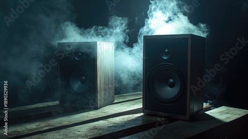 Wallpaper Mural Two wooden audio speakers emitting smoke in a dark, moody setting with dramatic lighting. Torontodigital.ca
