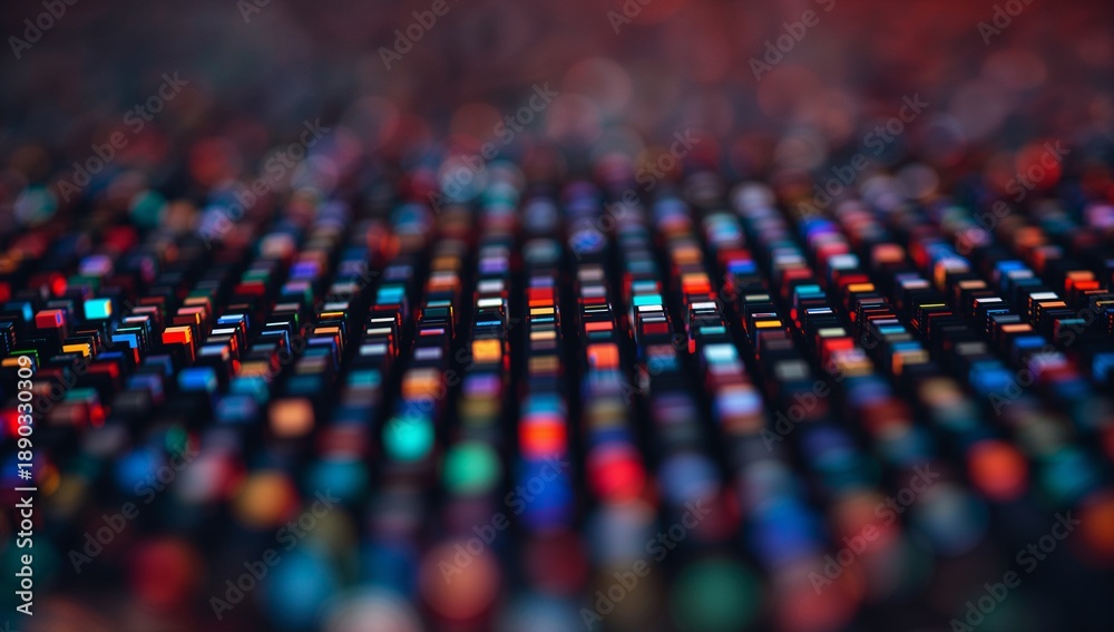 Fototapeta premium Glowing band of lit pixel modules reflecting on panel in dark room showing bokeh highlights