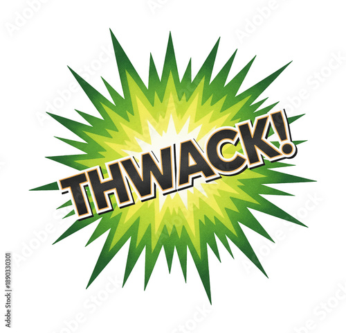 Comic book sound effect THWACK on a green and yellow explosion graphic element illustration with dynamic energy