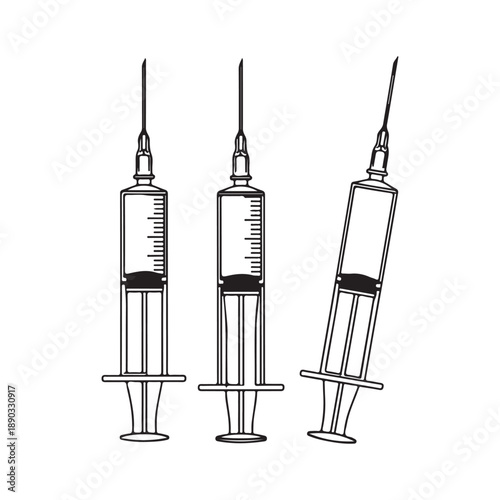 Set of three medical syringes in minimalist outline style
