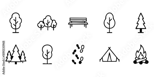 Outdoor scene icons featuring trees, bench, tent, and campfire in a simple line art style
