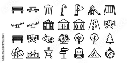 Collection of simple icons representing various park elements and activities from a straightforward viewpoint