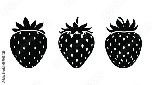 Three black strawberries displayed in a simple graphic silhouette