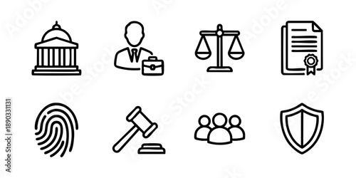 Set of simple black line icons representing justice, law, and protection in a legal context viewed from directly above