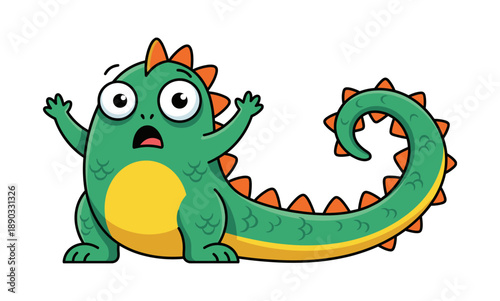 Green cartoon monster feeling scared and surprised