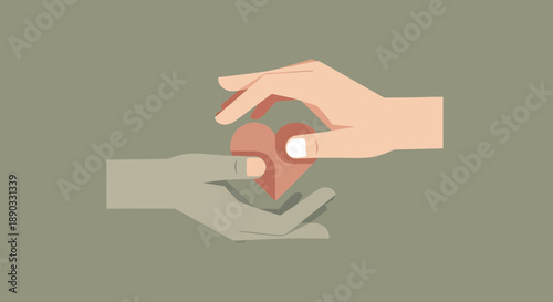 Handing over a red heart shape symbolizing love and care.