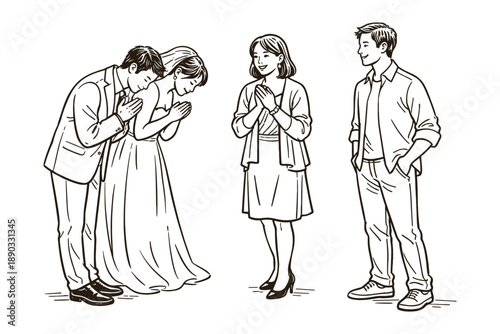 Bride and groom thanking wedding guests. Vector illustration of celebration