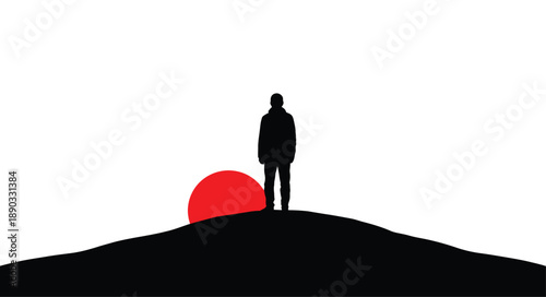 A solitary figure overlooks a vibrant red sun dramatic silhouette