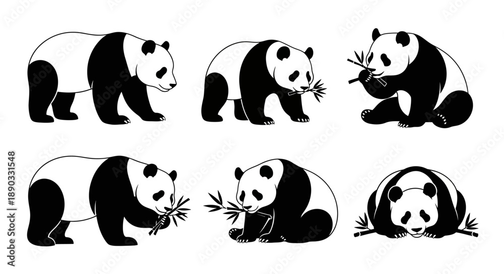 Obraz premium Collection of black panda silhouettes in various poses,