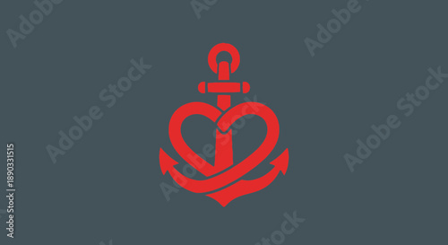 Red anchor with heart shaped flukes on dark background.