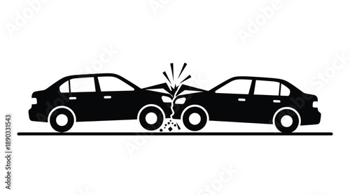 Two cars colliding head on depicted in stark black silhouette