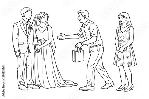 Wedding couple receiving guests congratulations, Asian people, vector illustration