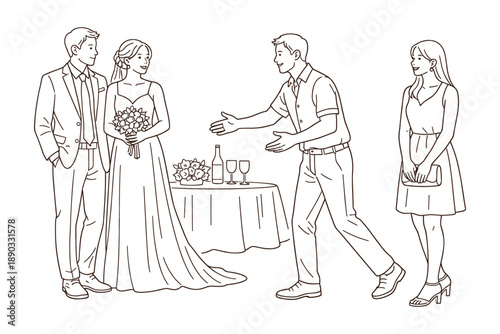 Bride and groom greeting guests at wedding, Asian people, vector illustration