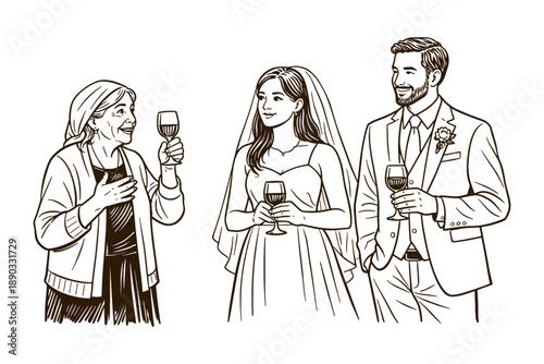 Wedding toast with bride, groom and grandmother, vector illustration