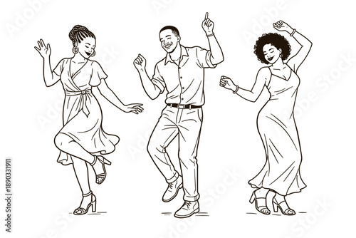 African American friends dancing at party or wedding, vector illustration
