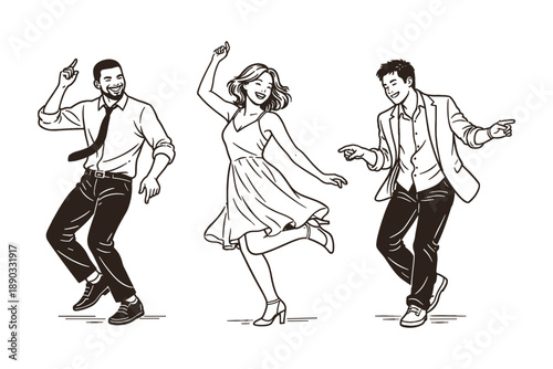 Diverse group of friends dancing at party or wedding, vector illustration