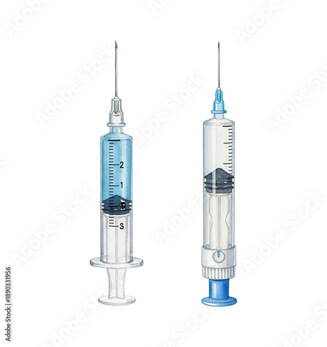 Two Medical Syringes with Needles and Blue Liquid for Injection or Vaccination Detailed Illustration