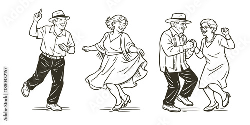 Elderly couples dancing together joyfully, vector illustration