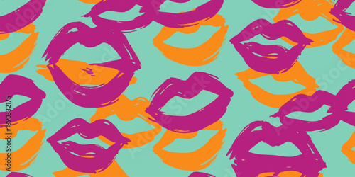 Vibrant Lip Patterns in Repeating Design, Featuring Bold Colors and Abstract Shapes