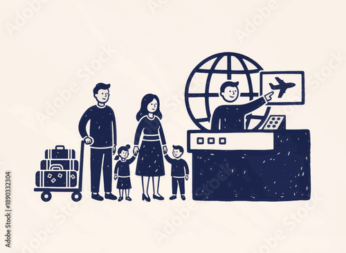 Family at airport check-in counter with luggage. Airline service and travel concept. Hand drawn vector illustration
