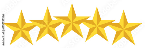 Set of Five Elegant Golden Faceted Stars Arranged for Five Star Excellence Rating Symbol on Isolated White Background for Premium Quality Ranking.