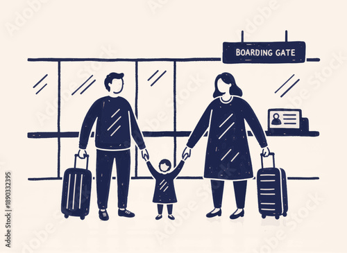 Family traveling at airport boarding gate. Parents and child with luggage. Linocut style vector illustration
