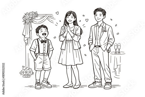 Asian family celebrating wedding party, character vector illustration