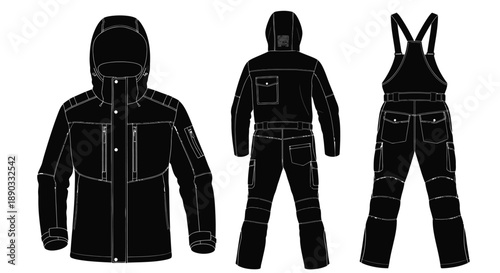 Technical outerwear set jacket and bib pants flat lay illustration