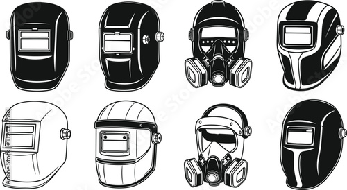 Collection of Professional Welding Helmet Silhouettes and Industrial Respirator Masks with Protective Visors for Metalwork Safety Workshop Fabrication Manufacturing and Engineering Graphic Design Pro