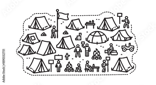Camping Scene with Tents and People in a Natural Setting Illustration