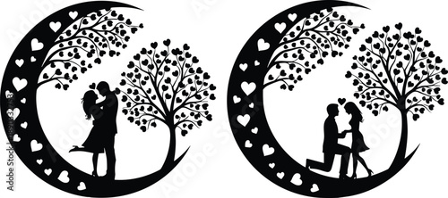 Collection of Romantic Silhouettes Featuring Couples Proposing and Hugging Inside a Crescent Moon Beside a Heart Leaf Tree for Valentine's Day and Wedding Invitations
