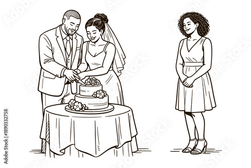 Bride and groom cutting wedding cake with guest, vector illustration