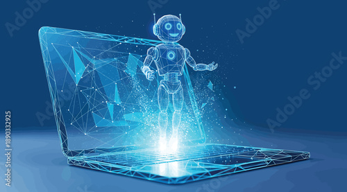 "Futuristic Digital Robot Emerging from a Laptop, Displaying Holographic Elements and Vivid Visual Effects, Representing Innovation in Artificial Intelligence, Technology Integration, and Smart Device