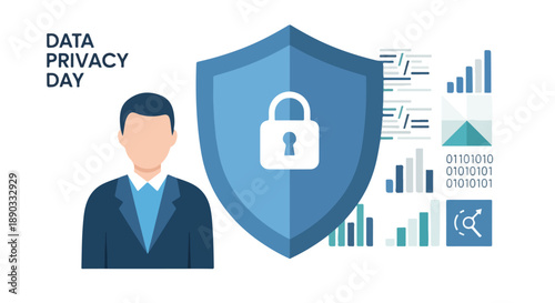 Digital data privacy and security concept featuring a shield and padlock safeguarding a user's information, symbolizing robust cybersecurity and secure online interactions