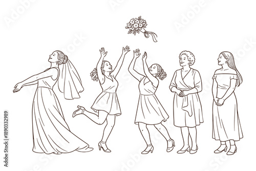 Bride throwing bouquet to diverse women guests. Wedding vector illustration