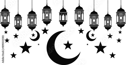 Collection of Traditional Islamic Ornament Silhouettes Featuring Hanging Ramadan Lanterns Crescent Moons and Stars for Eid Al-Fitr Celebration Religious Branding and Middle Eastern Graphic Design