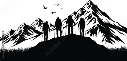Silhouette hikers standing on mountain peak with birds flying symbolizing freedom teamwork achievement adventure exploration and outdoor success