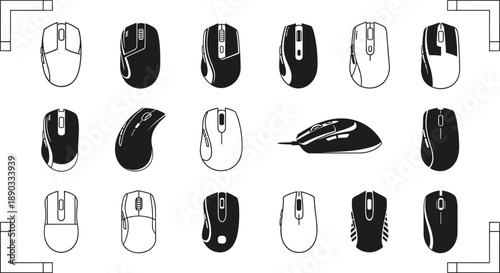 Comprehensive Collection of Computer Mouse Silhouettes and Outlines Featuring Gaming Mice Ergonomic Designs and Wireless Peripherals for Professional Technology Hardware and Office Graphic Design 