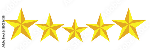 Five Shining Golden 3D Stars Arranged for Five Star Excellence Rating Symbol on Isolated White Background for Premium Quality and Success Ranking.