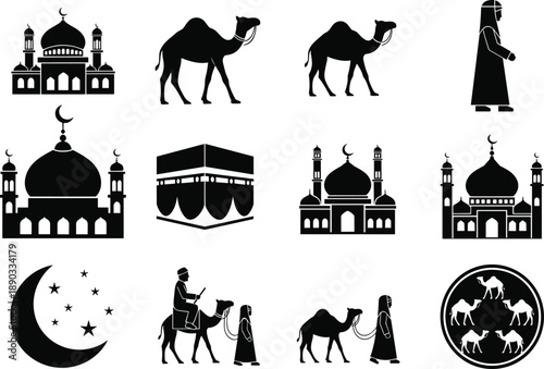 Comprehensive Collection of Islamic Icon Silhouettes Featuring Mosque Architecture Kaaba Landmark Camels Crescent Moon and Muslim Figures for Hajj Pilgrimage Ramadan Kareem and Religious Graphic De
