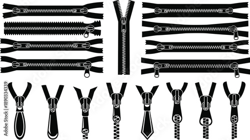 Detailed collection of horizontal zippers and various slider puller heads in black and white for apparel design and sewing patterns