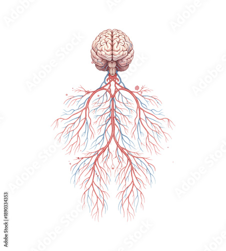 Detailed Human Brain Connected to a Complex Network of Red and Blue Vessels Representing a Body System Illustration