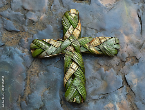 Palm fronds woven into a cross displayed on a textured stone surface