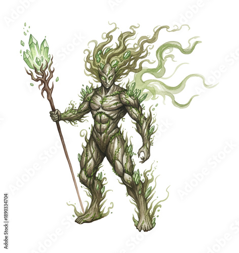 A powerful mystical plant creature standing firm holding a glowing crystal staff with a determined expression