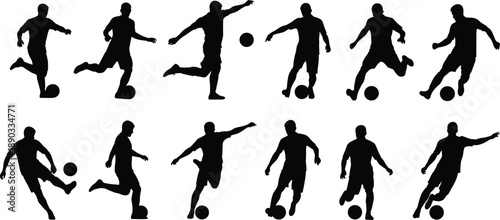 Collection of black silhouettes of male soccer players in various action poses kicking and dribbling the ball
