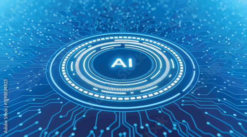 "Futuristic Visualization of Artificial Intelligence (AI) Represented in a Central Circle Surrounded by Radiating Circuitry and Data Points, Symbolizing the Growth, Connectivity, and Innovation of AI 