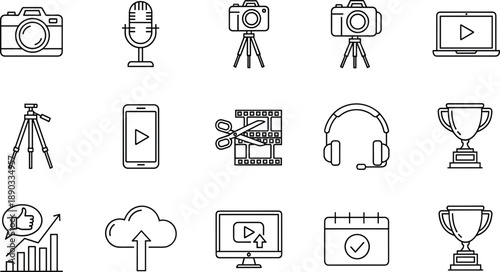 Collection of icons for video creation and content production including camera microphone laptop and trophy