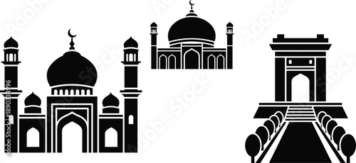 Islamic monument silhouette collection featuring Taj Mahal Gateway of India domes minarets vector illustration isolated black architecture landmarks set for design use commercial branding